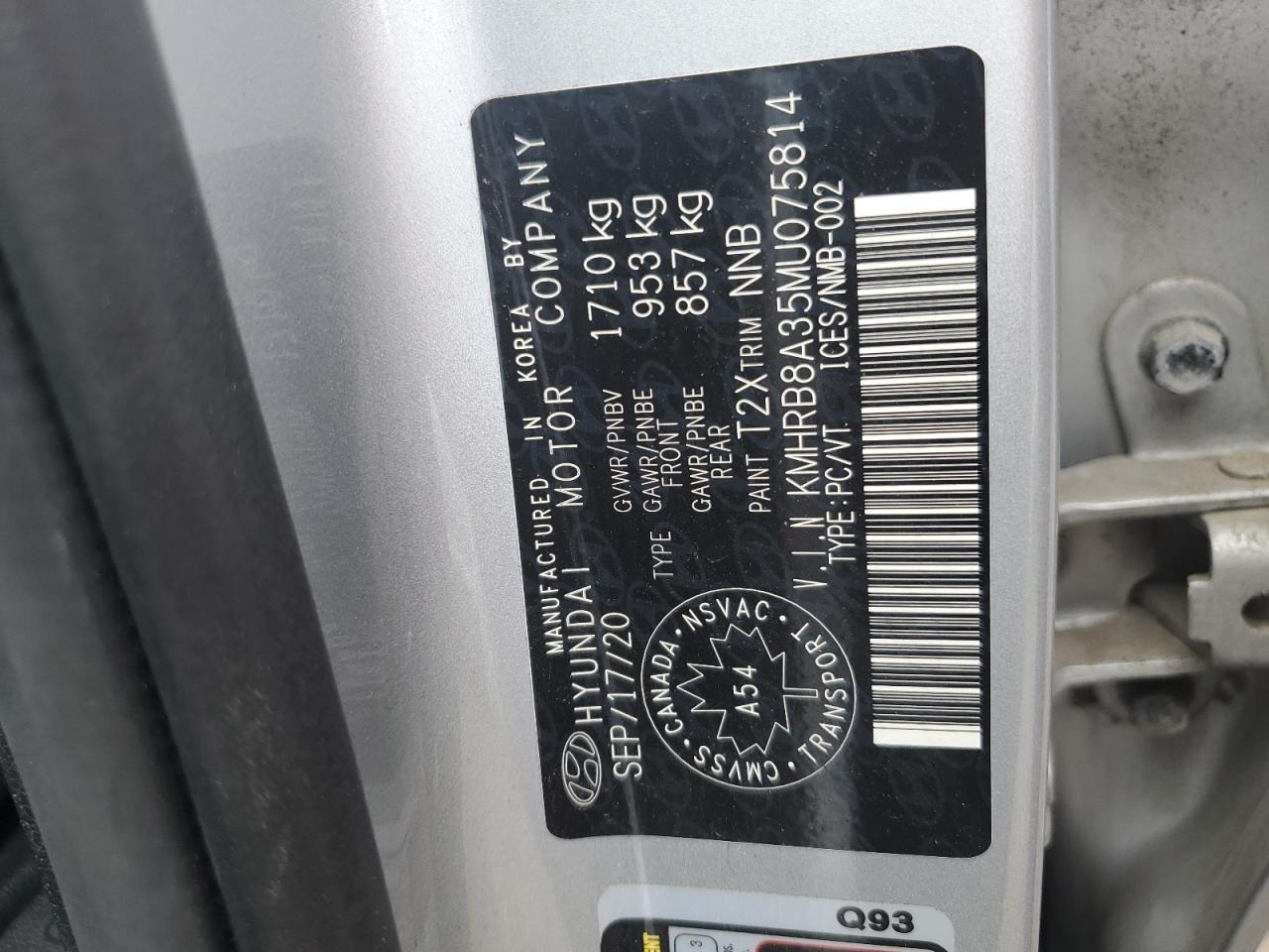 2021 Hyundai Venue Se VIN: KMHRB8A35MU075814 Lot: 69040815