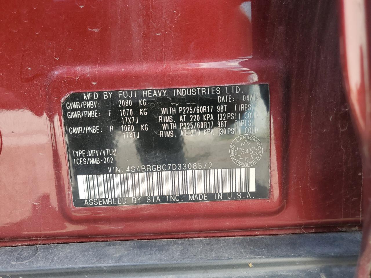 2013 Subaru Outback 2.5I Premium VIN: 4S4BRGBC7D3308572 Lot: 70027125