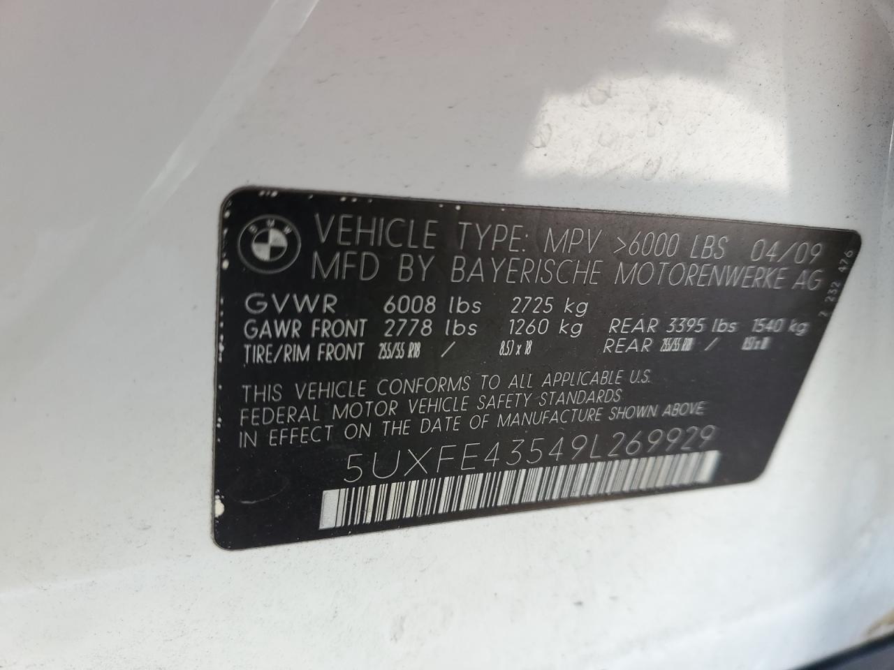 2009 BMW X5 xDrive30I VIN: 5UXFE43549L269929 Lot: 66952955