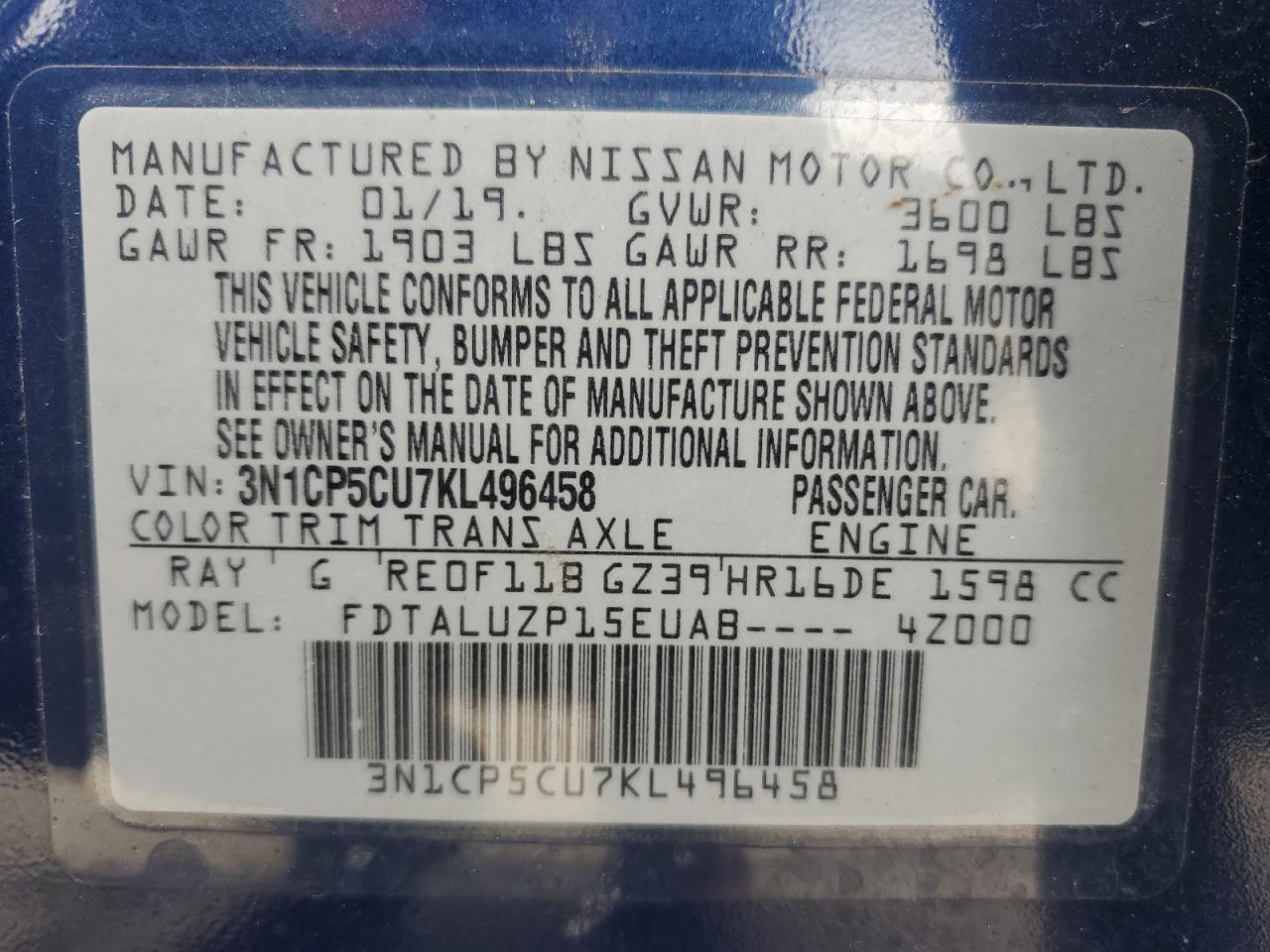 2019 Nissan Kicks S VIN: 3N1CP5CU7KL496458 Lot: 69492605