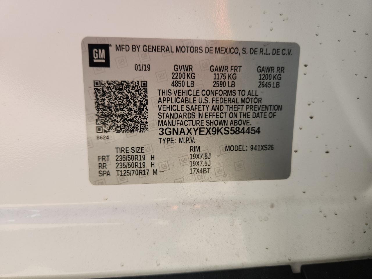 2019 Chevrolet Equinox Premier VIN: 3GNAXYEX9KS584454 Lot: 70385805