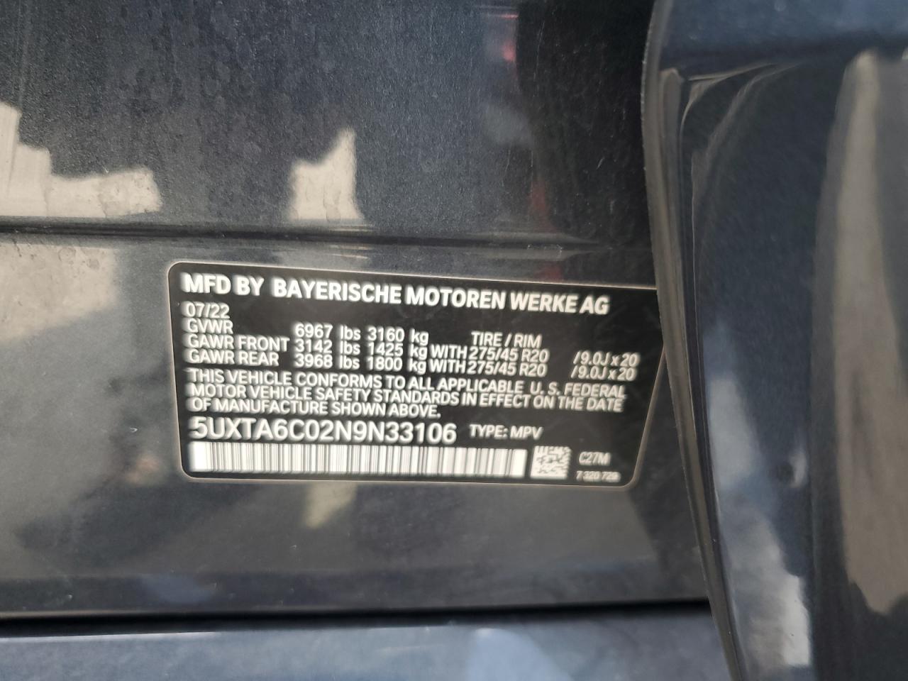 2022 BMW X5 xDrive45E VIN: 5UXTA6C02N9N33106 Lot: 69120405