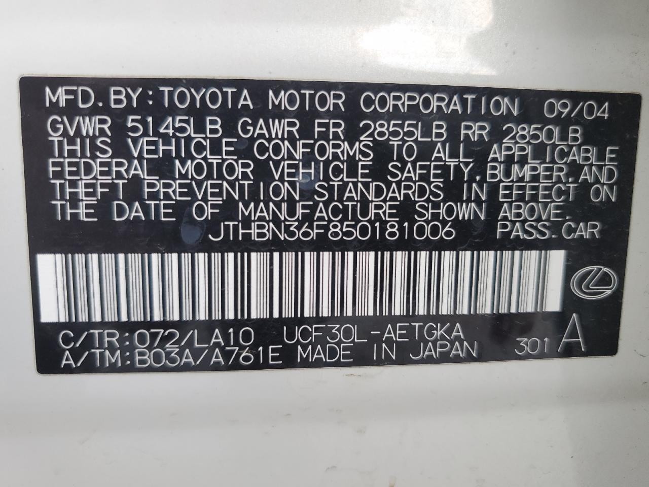 2005 Lexus Ls 430 VIN: JTHBN36F850181006 Lot: 67601805