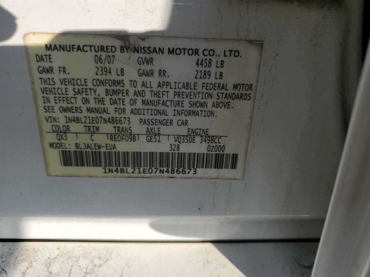 2007 Nissan Altima 3.5Se VIN: 1N4BL21E07N486673 Lot: 69758705