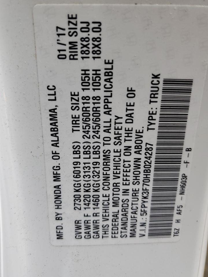 2017 Honda Ridgeline Rtl VIN: 5FPYK3F70HB024287 Lot: 68462555