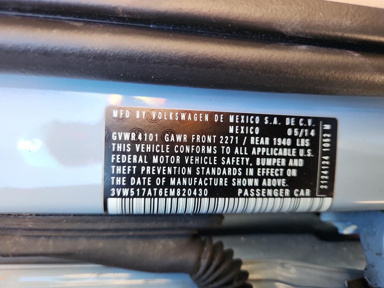 2014 Volkswagen Beetle VIN: 3VW517AT6EM820430 Lot: 69192125