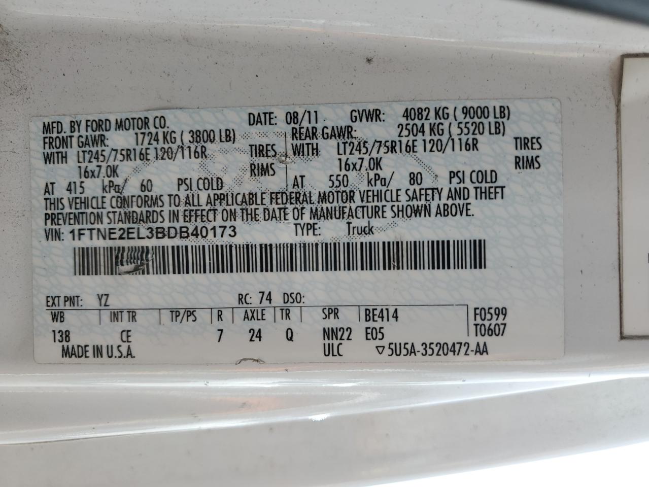 1FTNE2EL3BDB40173 2011 Ford Econoline E250 Van