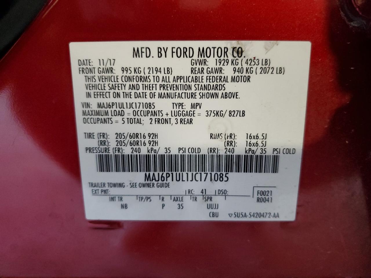 2018 Ford Ecosport Se VIN: MAJ6P1UL1JC171085 Lot: 70264355