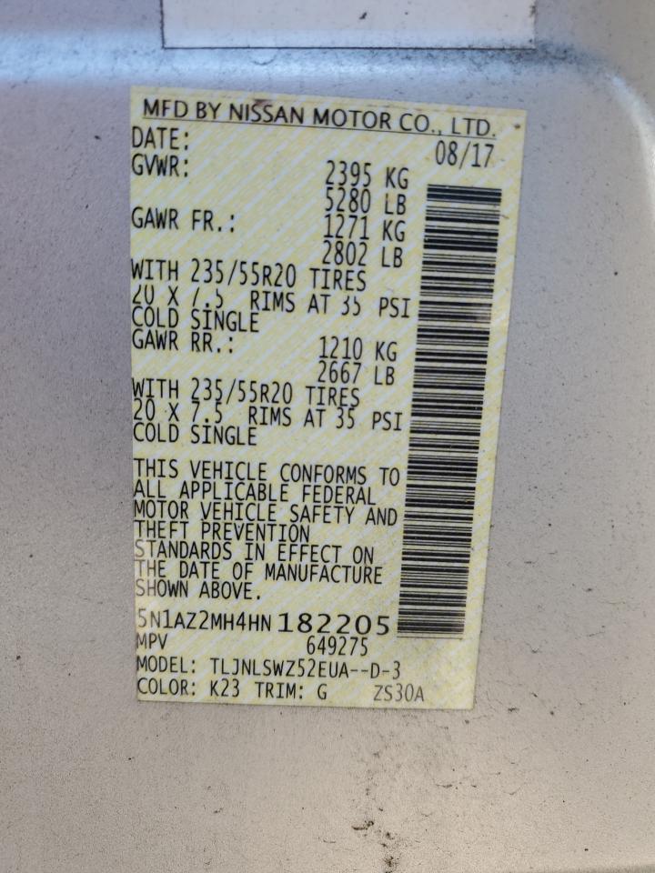 2017 Nissan Murano S VIN: 5N1AZ2MH4HN182205 Lot: 70108555