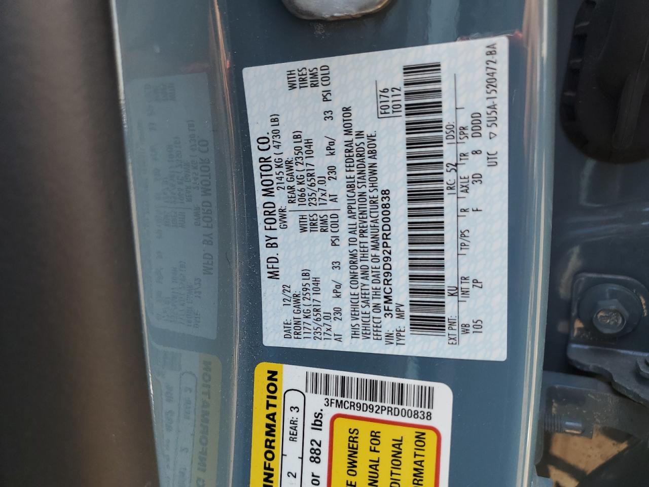 2023 Ford Bronco Sport Badlands VIN: 3FMCR9D92PRD00838 Lot: 67592355