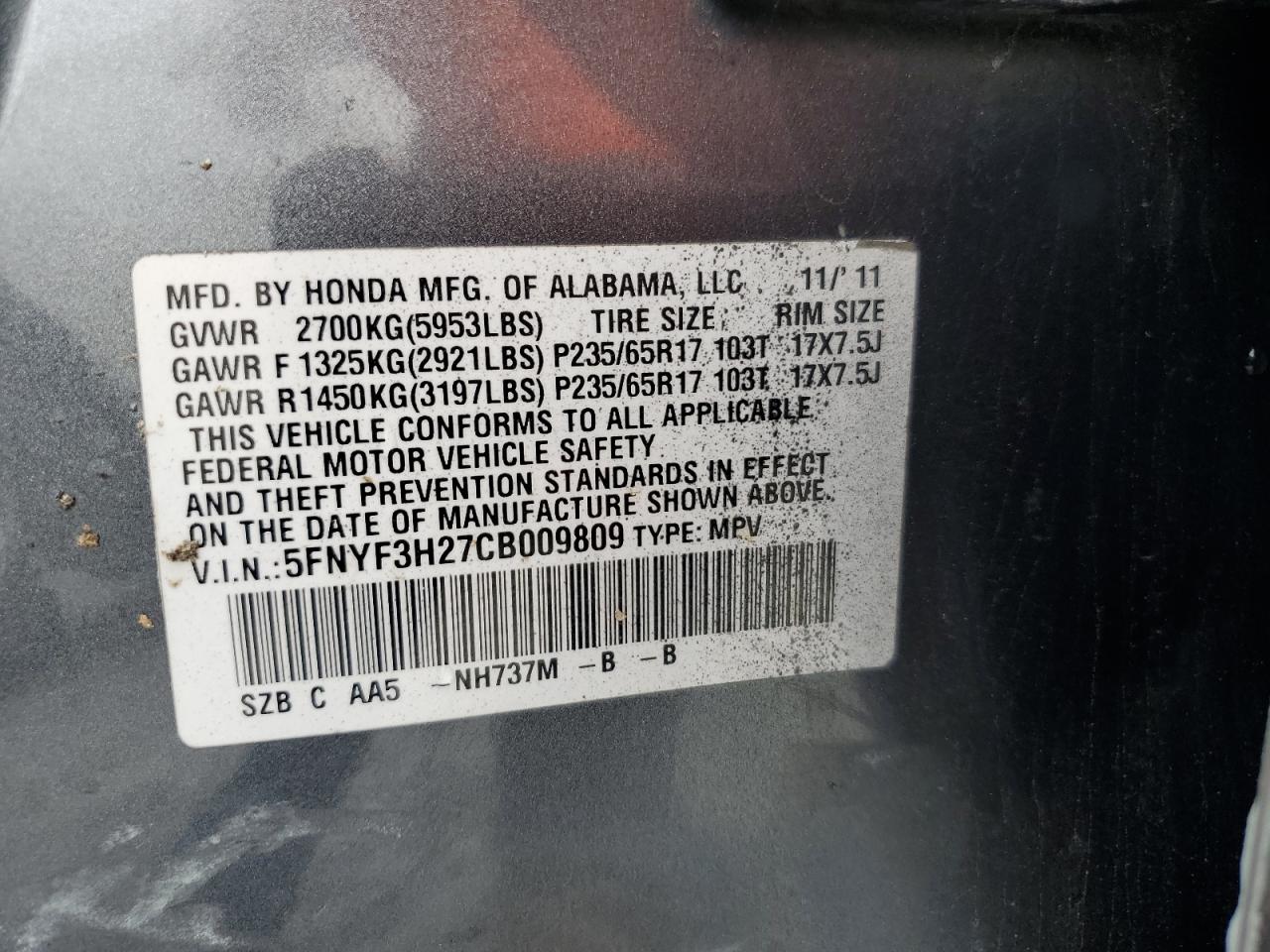 2012 Honda Pilot Lx VIN: 5FNYF3H27CB009809 Lot: 81055135