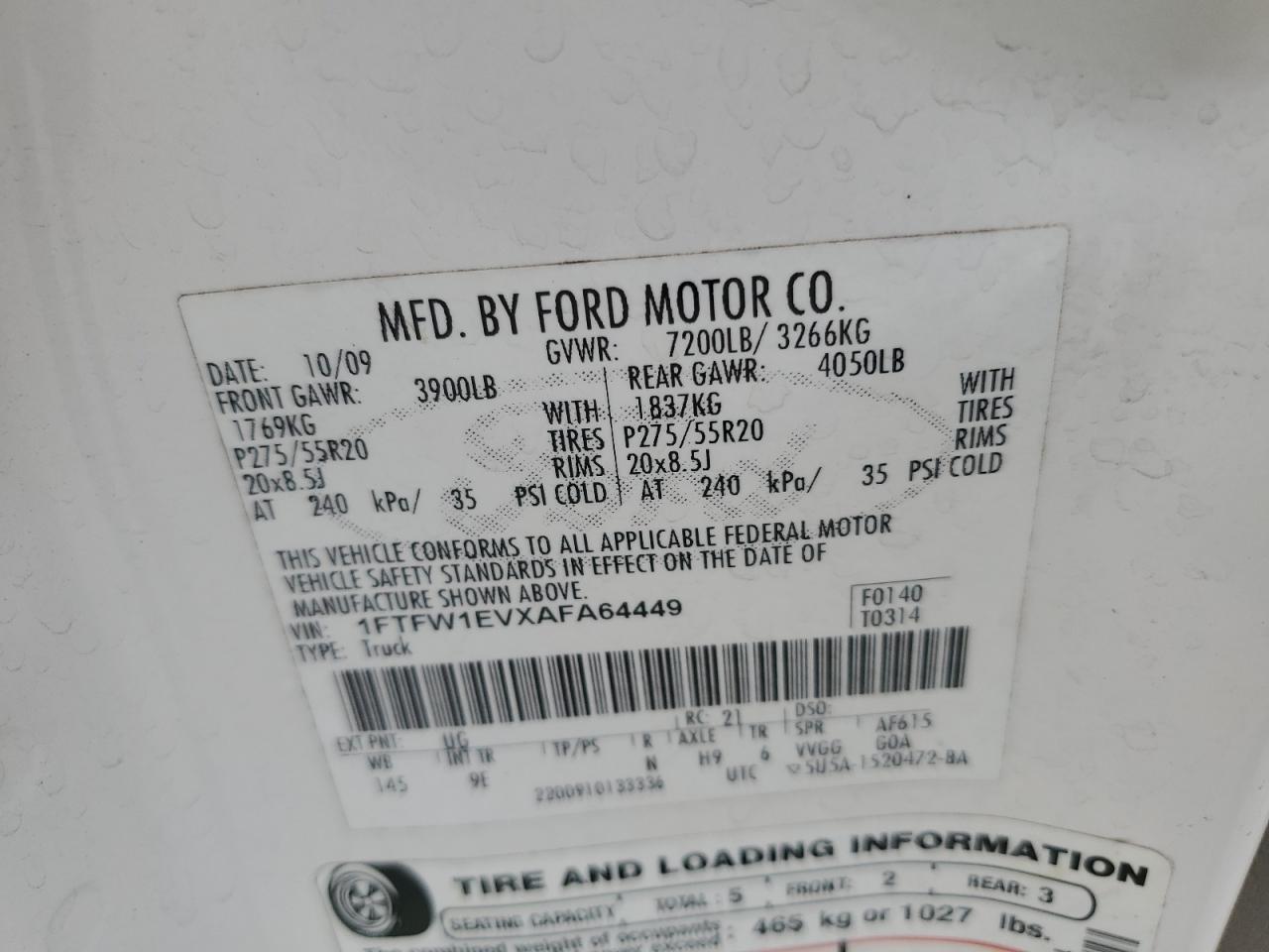2010 Ford F150 Supercrew VIN: 1FTFW1EVXAFA64449 Lot: 65838405