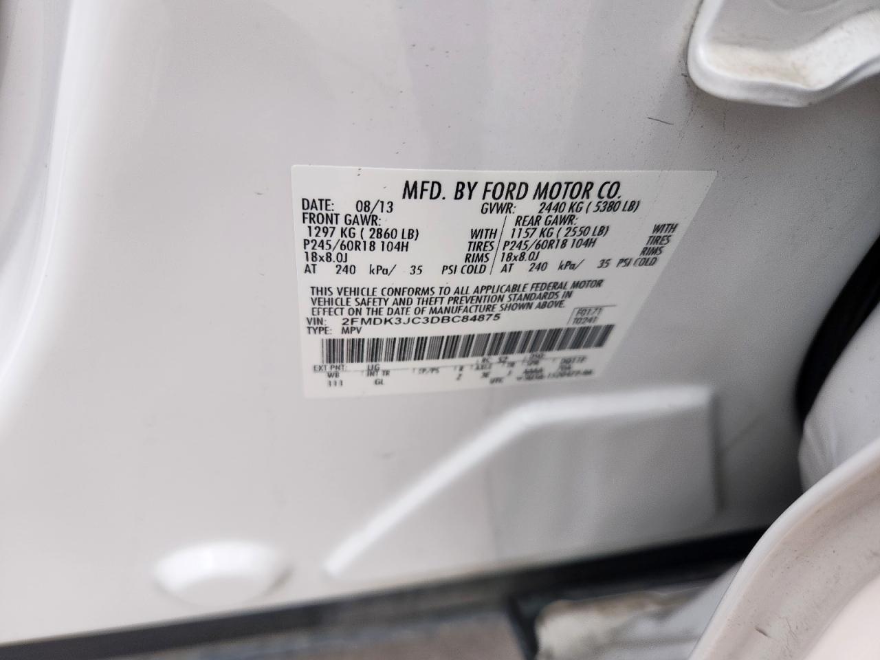 2013 Ford Edge VIN: 2FMDK3JC3DBC84875 Lot: 70330555