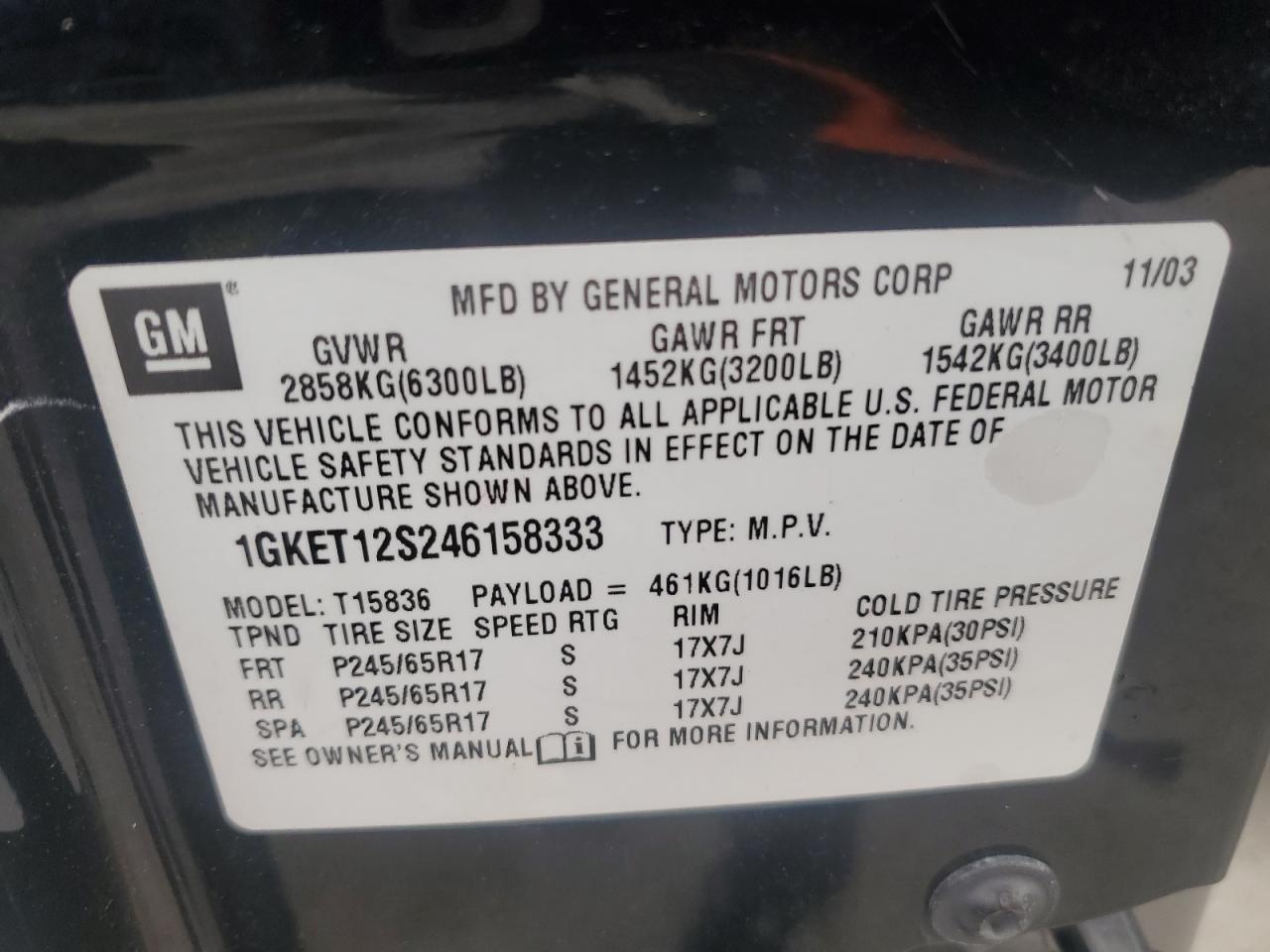 2004 GMC Envoy Xuv VIN: 1GKET12S246158333 Lot: 67602325