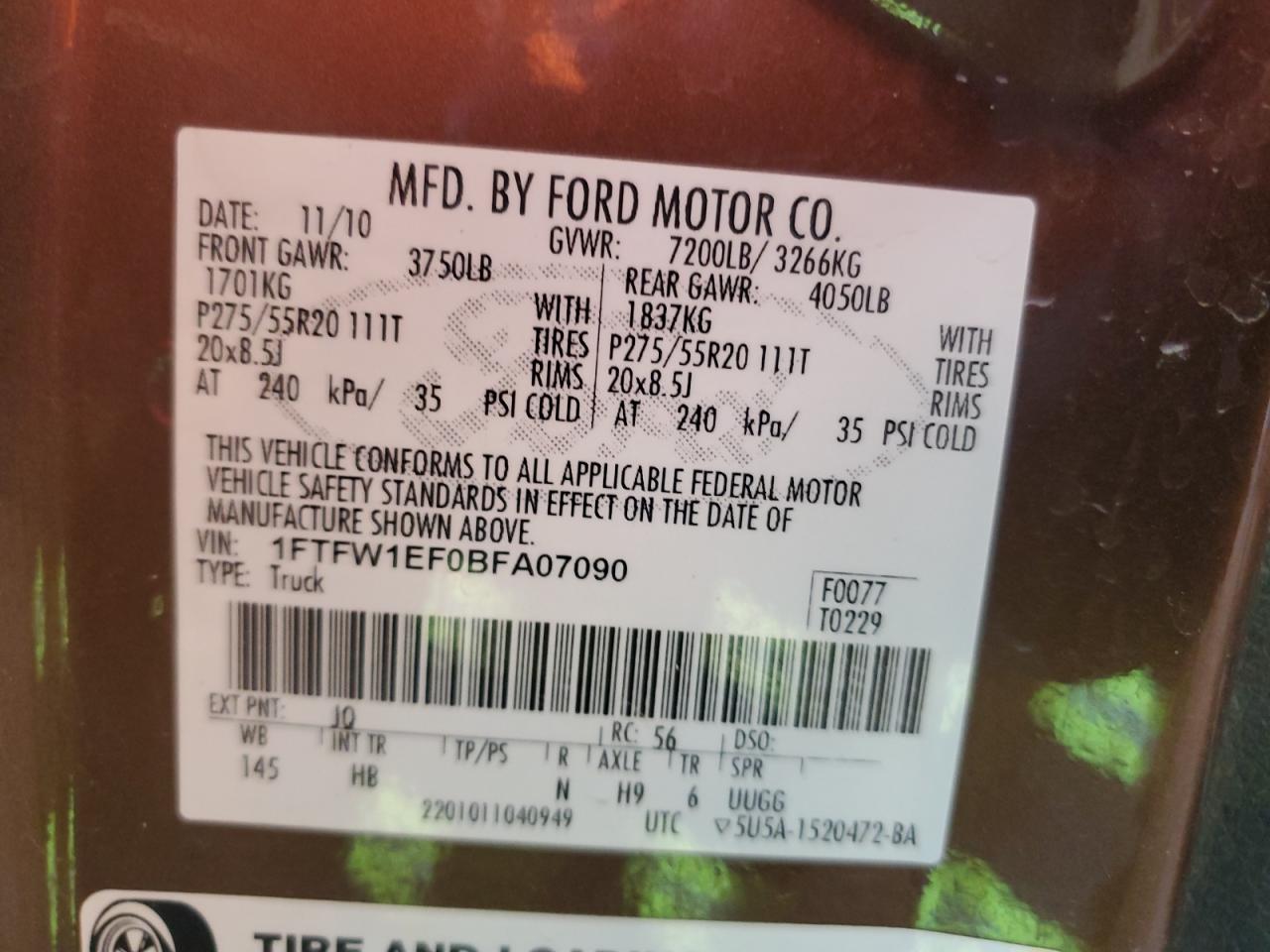 2011 Ford F150 Supercrew VIN: 1FTFW1EF0BFA07090 Lot: 68342835