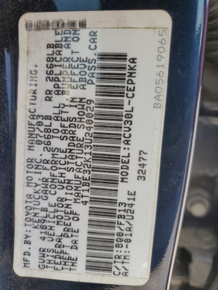 2003 Toyota Camry Le VIN: 4T1BE32K13U240029 Lot: 69756045