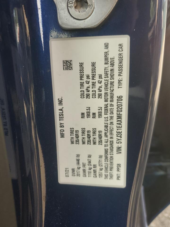 2021 Tesla Model 3 VIN: 5YJ3E1EAXMF020706 Lot: 64832165