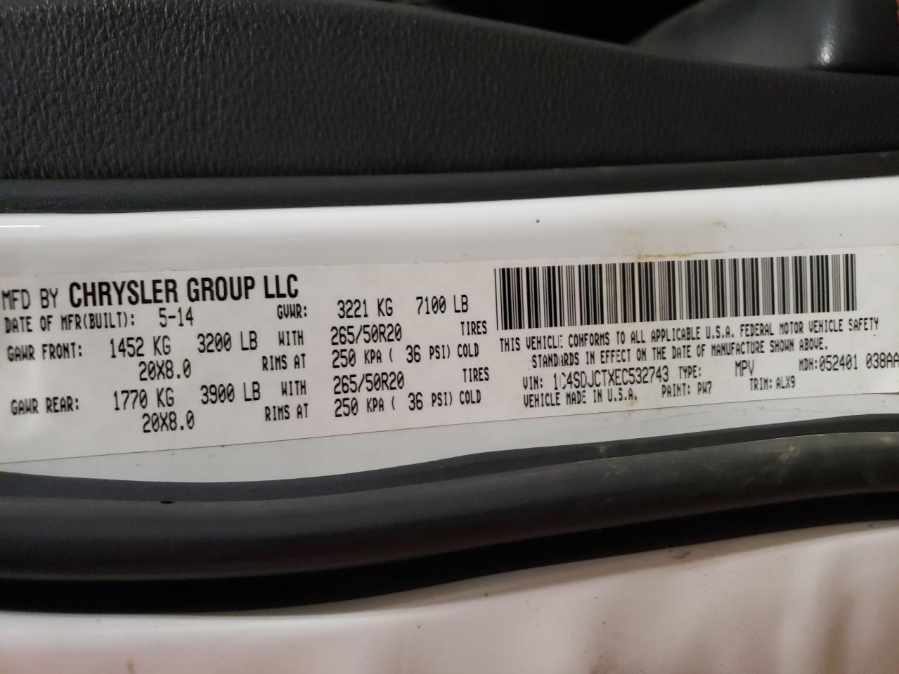 2014 Dodge Durango R/T VIN: 1C4SDJCTXEC532743 Lot: 67624195