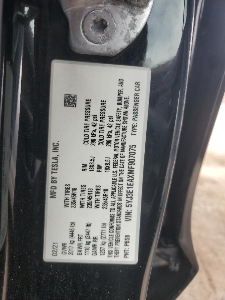 2021 Tesla Model 3 VIN: 5YJ3E1EAXMF907075 Lot: 70770205