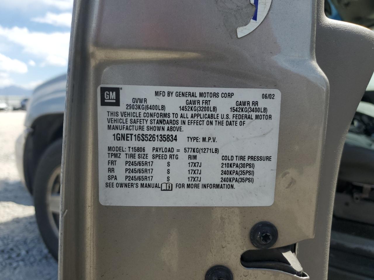 2002 Chevrolet Trailblazer Ext VIN: 1GNET16S526135834 Lot: 68594155