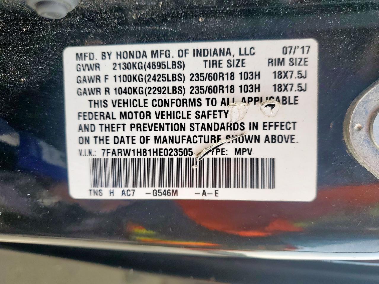 2017 Honda Cr-V Exl VIN: 7FARW1H81HE023505 Lot: 70294255