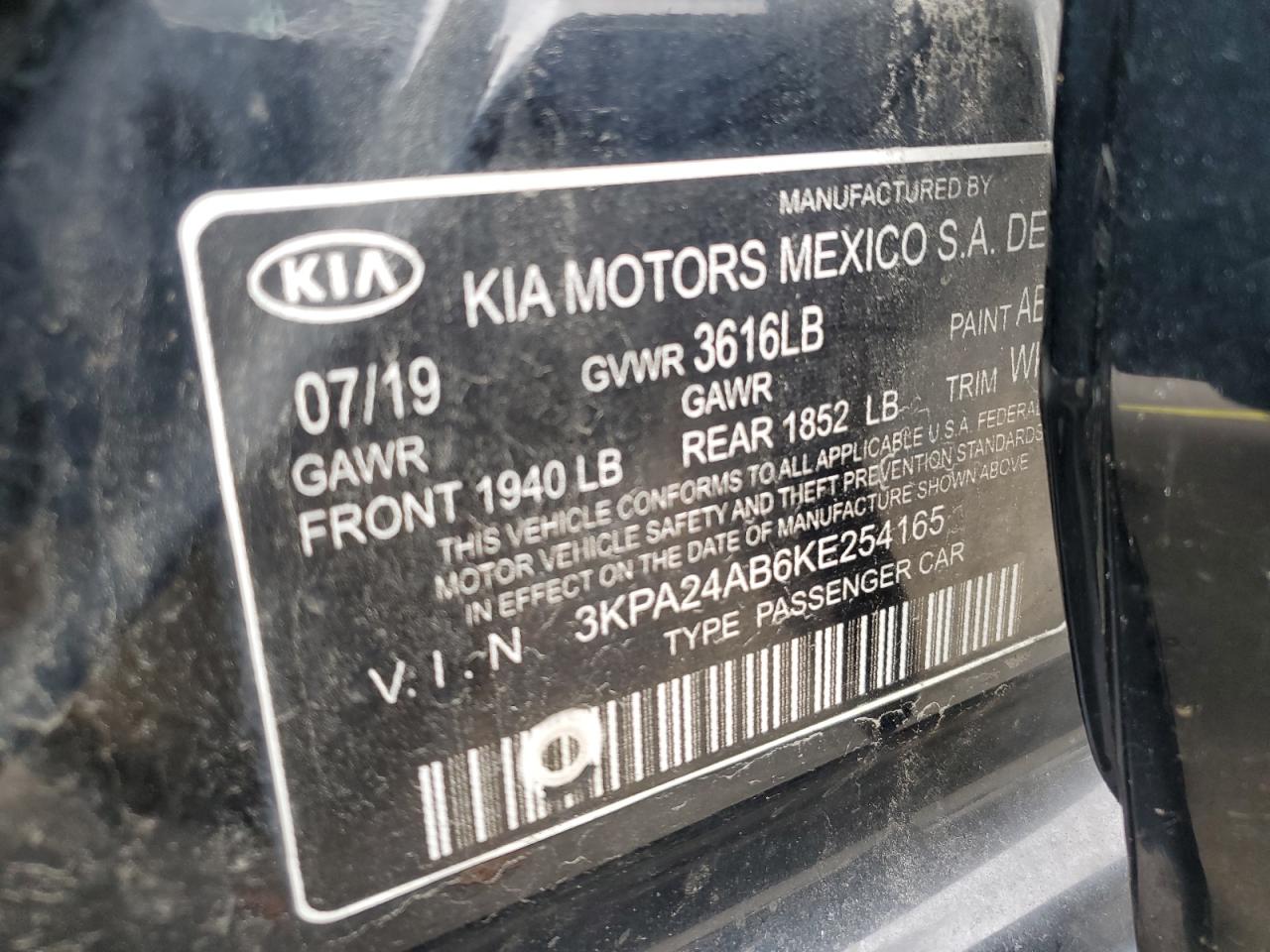 2019 Kia Rio S VIN: 3KPA24AB6KE254165 Lot: 69727725