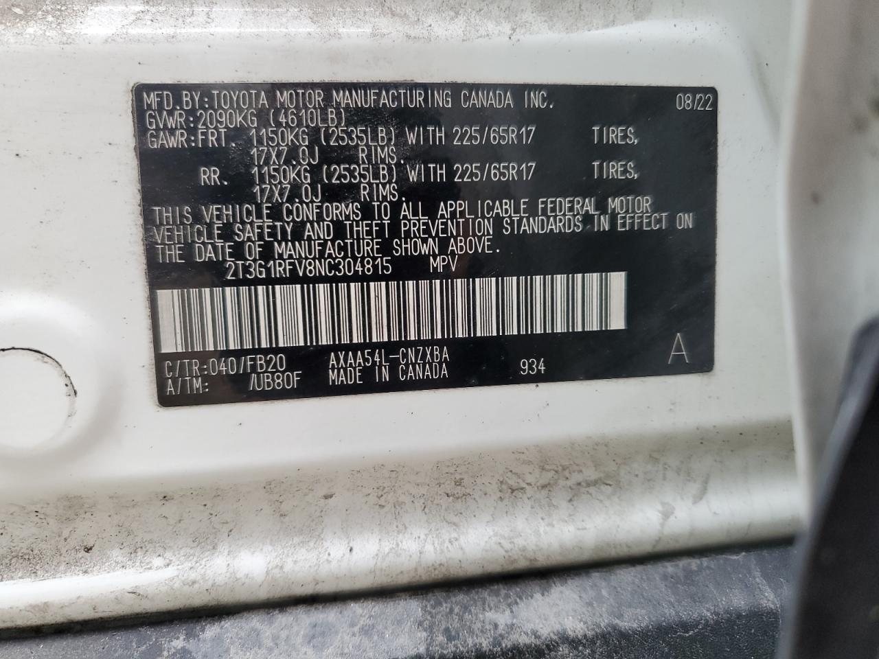 2022 Toyota Rav4 Le VIN: 2T3G1RFV8NC304815 Lot: 69825615