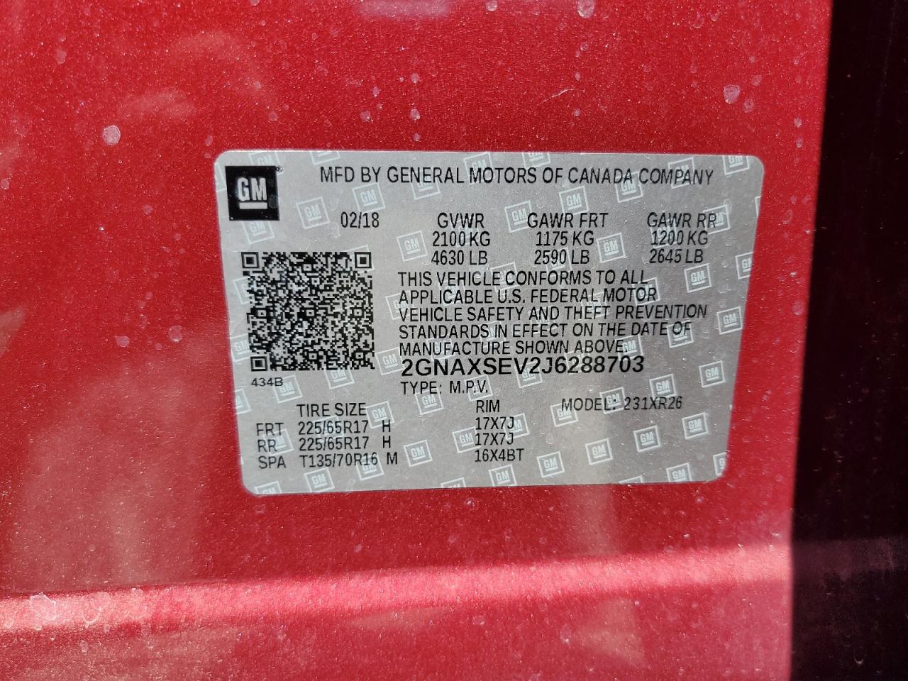 2018 Chevrolet Equinox Lt VIN: 2GNAXSEV2J6288703 Lot: 69015025