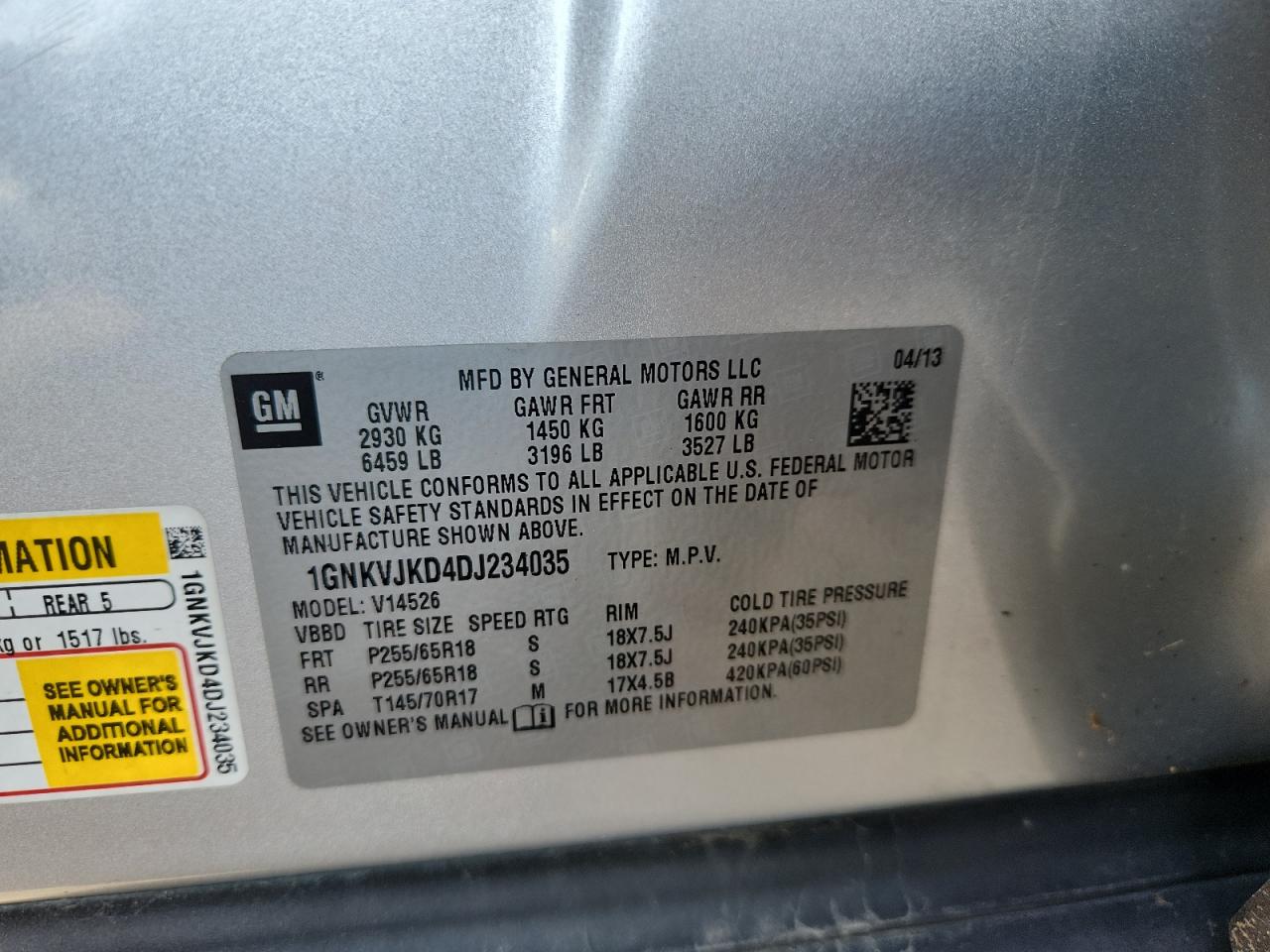 2013 Chevrolet Traverse Lt VIN: 1GNKVJKD4DJ234035 Lot: 66858485