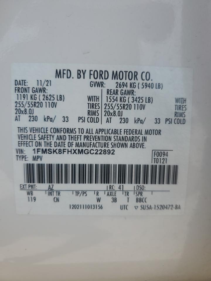 2021 Ford Explorer Limited VIN: 1FMSK8FHXMGC22892 Lot: 68000905