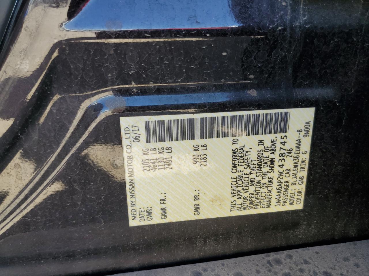 2017 Nissan Maxima 3.5S VIN: 1N4AA6AP2HC438745 Lot: 70530855