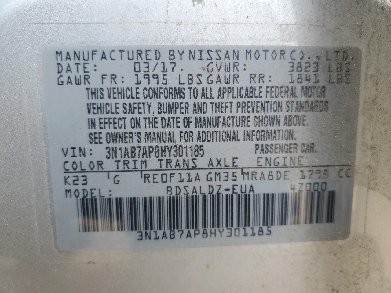 2017 Nissan Sentra S VIN: 3N1AB7AP8HY301185 Lot: 70057145