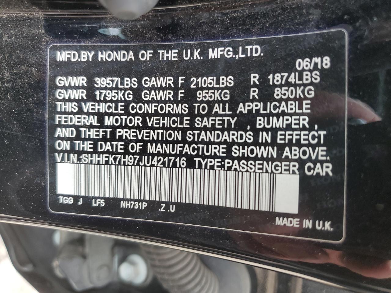 2018 Honda Civic Sport Touring VIN: SHHFK7H97JU421716 Lot: 69863445