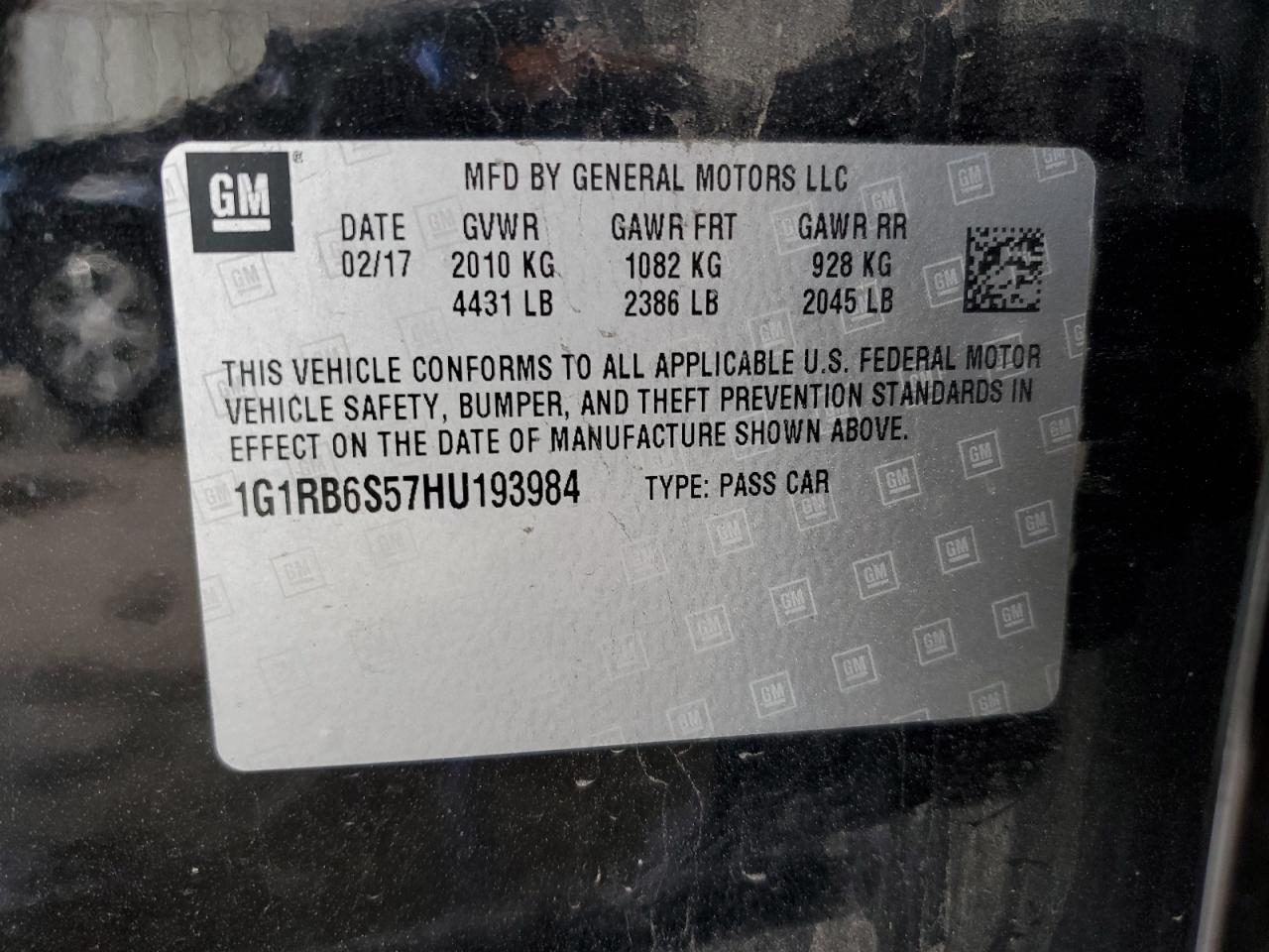 2017 Chevrolet Volt Premier VIN: 1G1RB6S57HU193984 Lot: 69767815