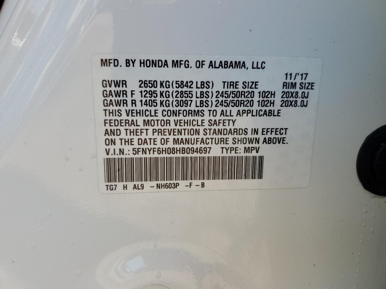 2017 Honda Pilot Elite VIN: 5FNYF6H08HB094697 Lot: 68754405