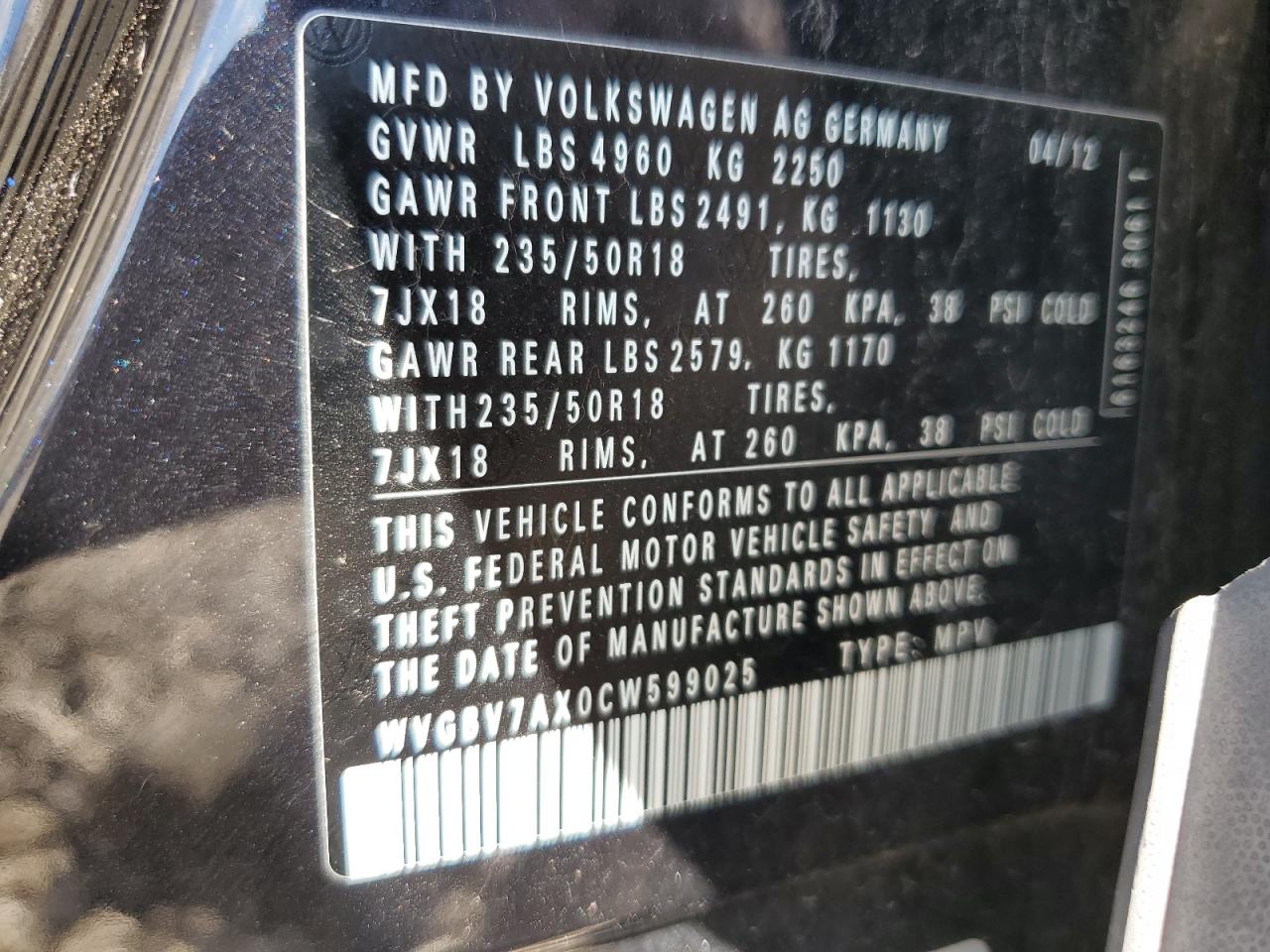 2012 Volkswagen Tiguan S VIN: WVGBV7AX0CW599025 Lot: 69882845