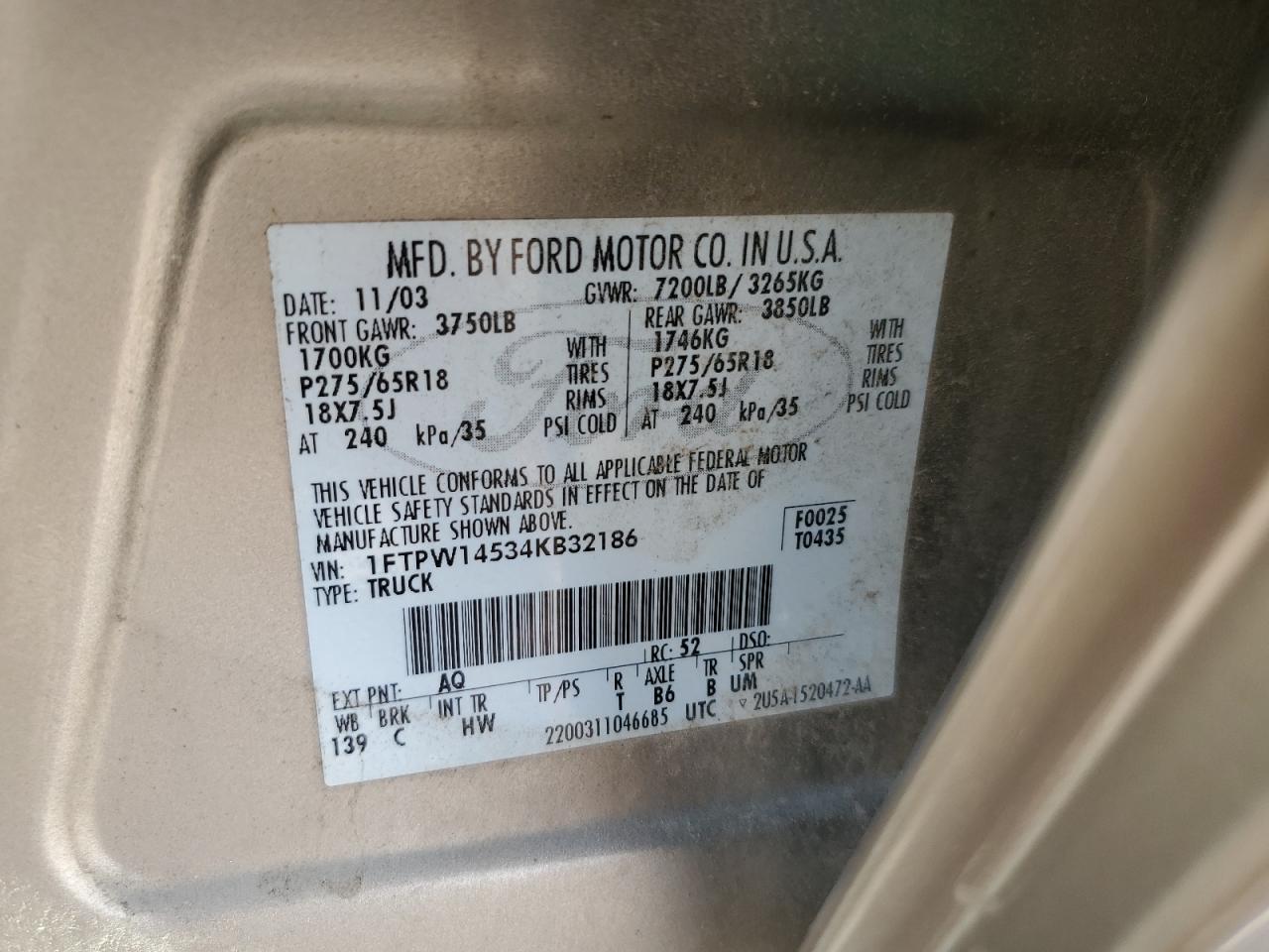 2004 Ford F150 Supercrew VIN: 1FTPW14534KB32186 Lot: 68298745