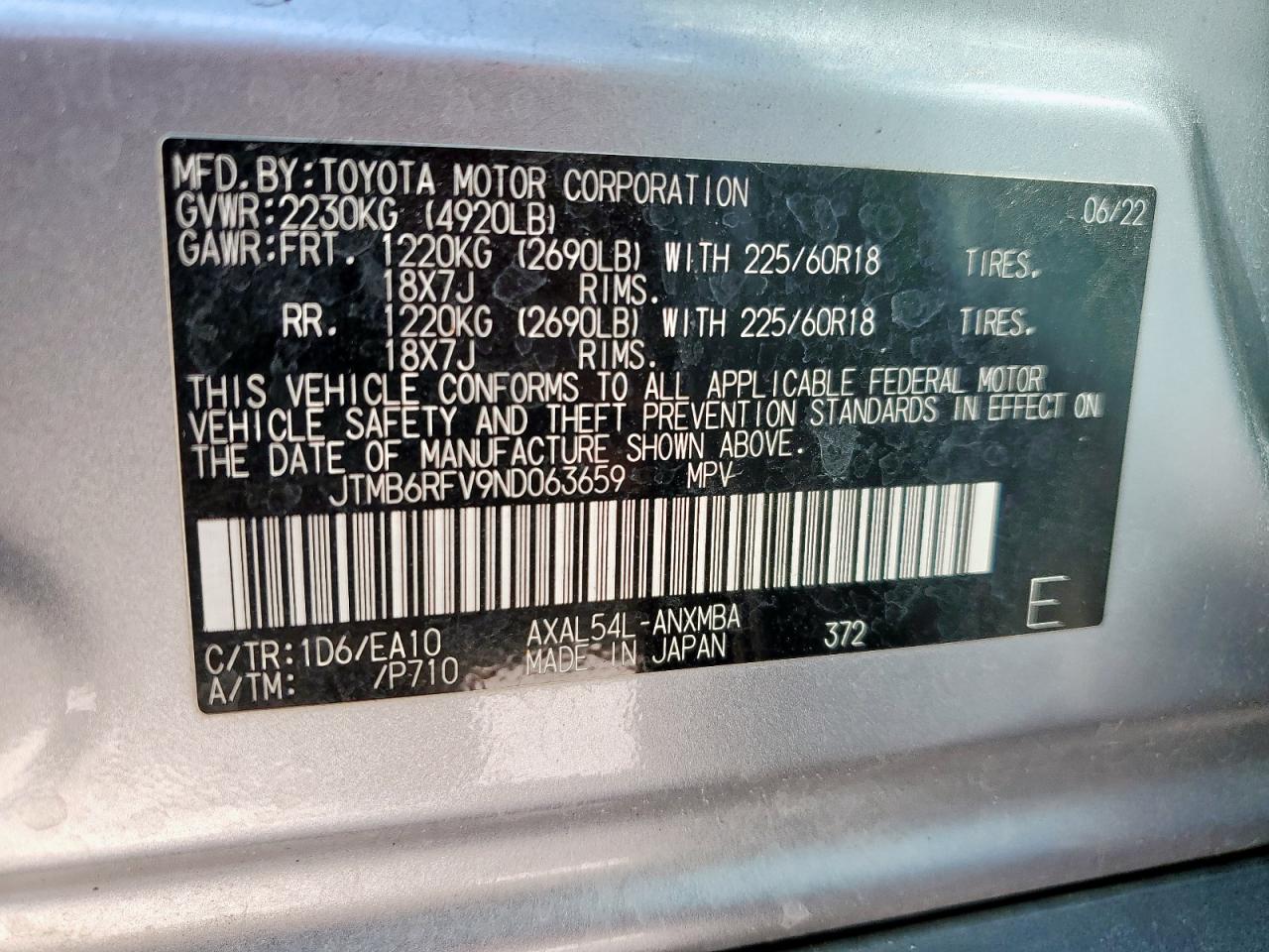 2022 Toyota Rav4 Xle Premium VIN: JTMB6RFV9ND063659 Lot: 68107475