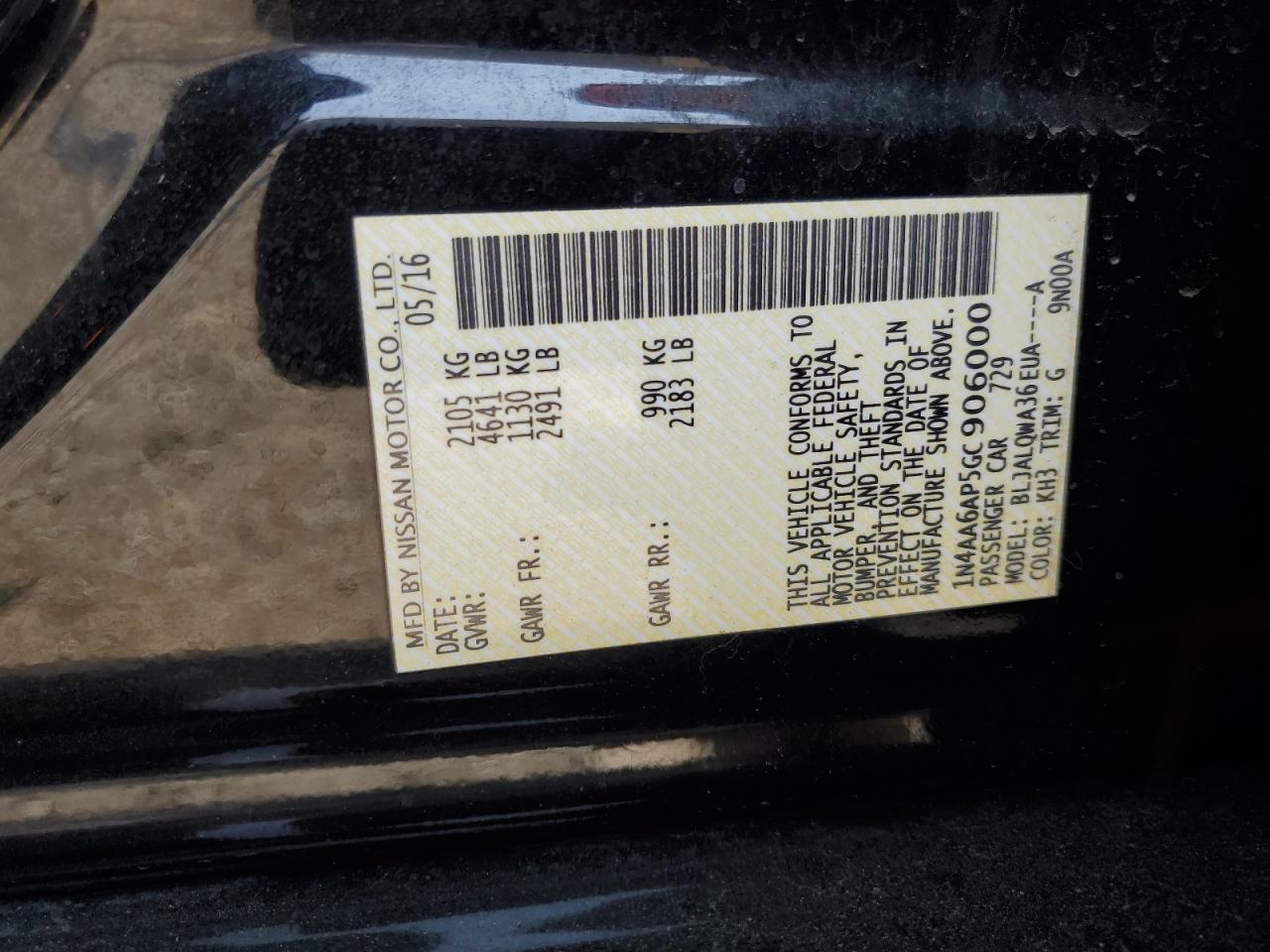 2016 Nissan Maxima 3.5S VIN: 1N4AA6AP5GC906000 Lot: 69151305