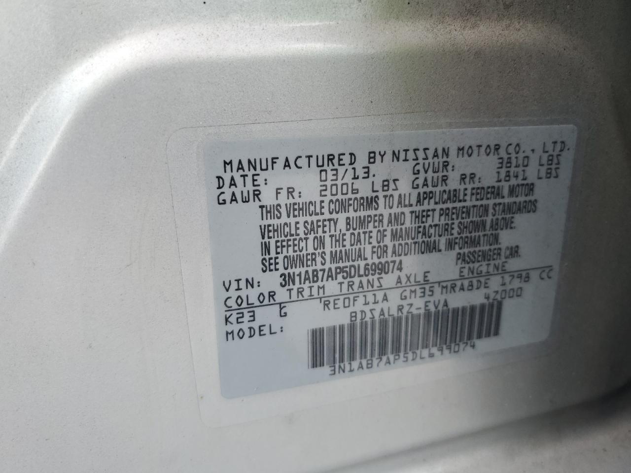 2013 Nissan Sentra S VIN: 3N1AB7AP5DL699074 Lot: 70846435