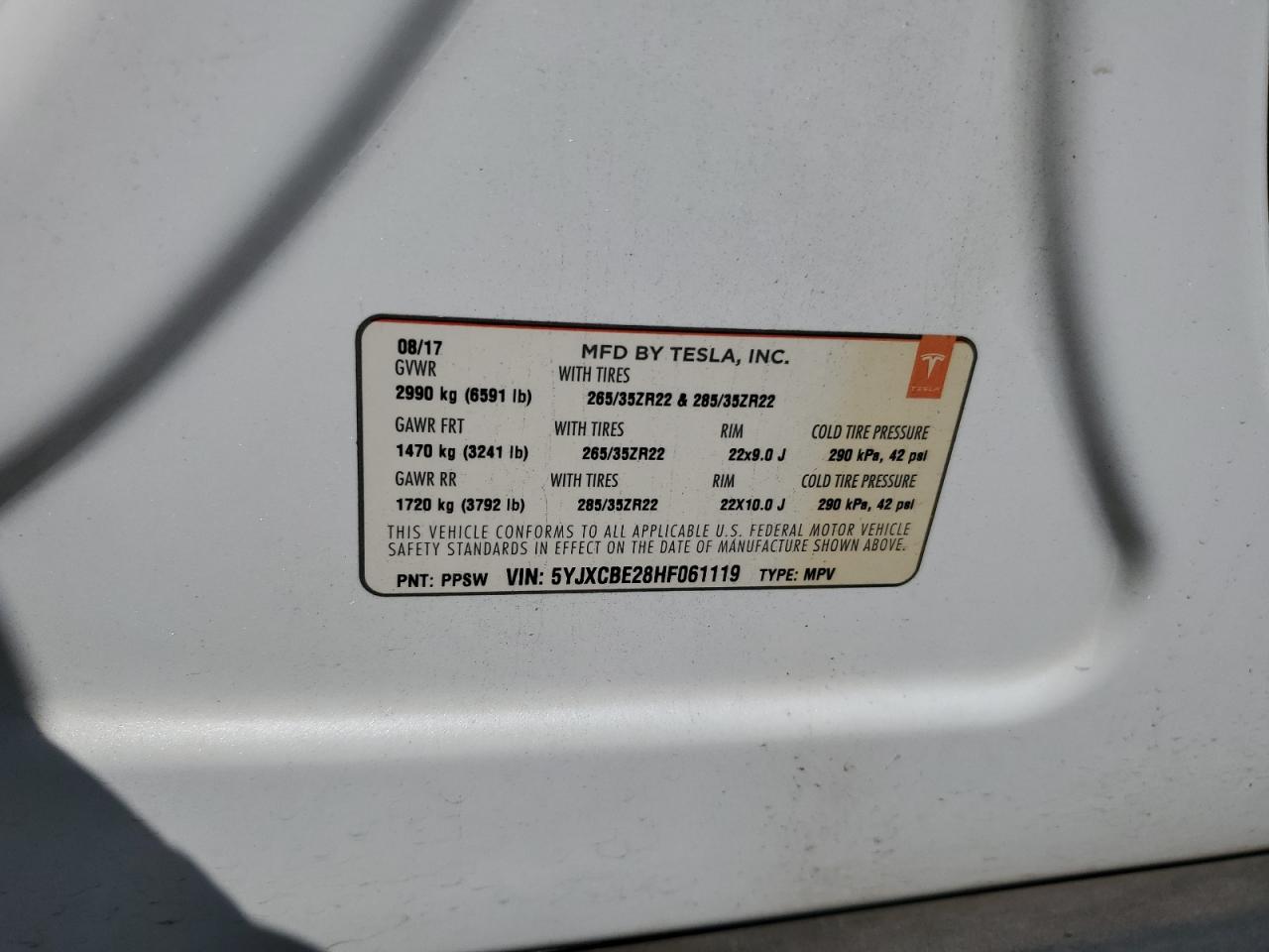 5YJXCBE28HF061119 2017 Tesla Model X