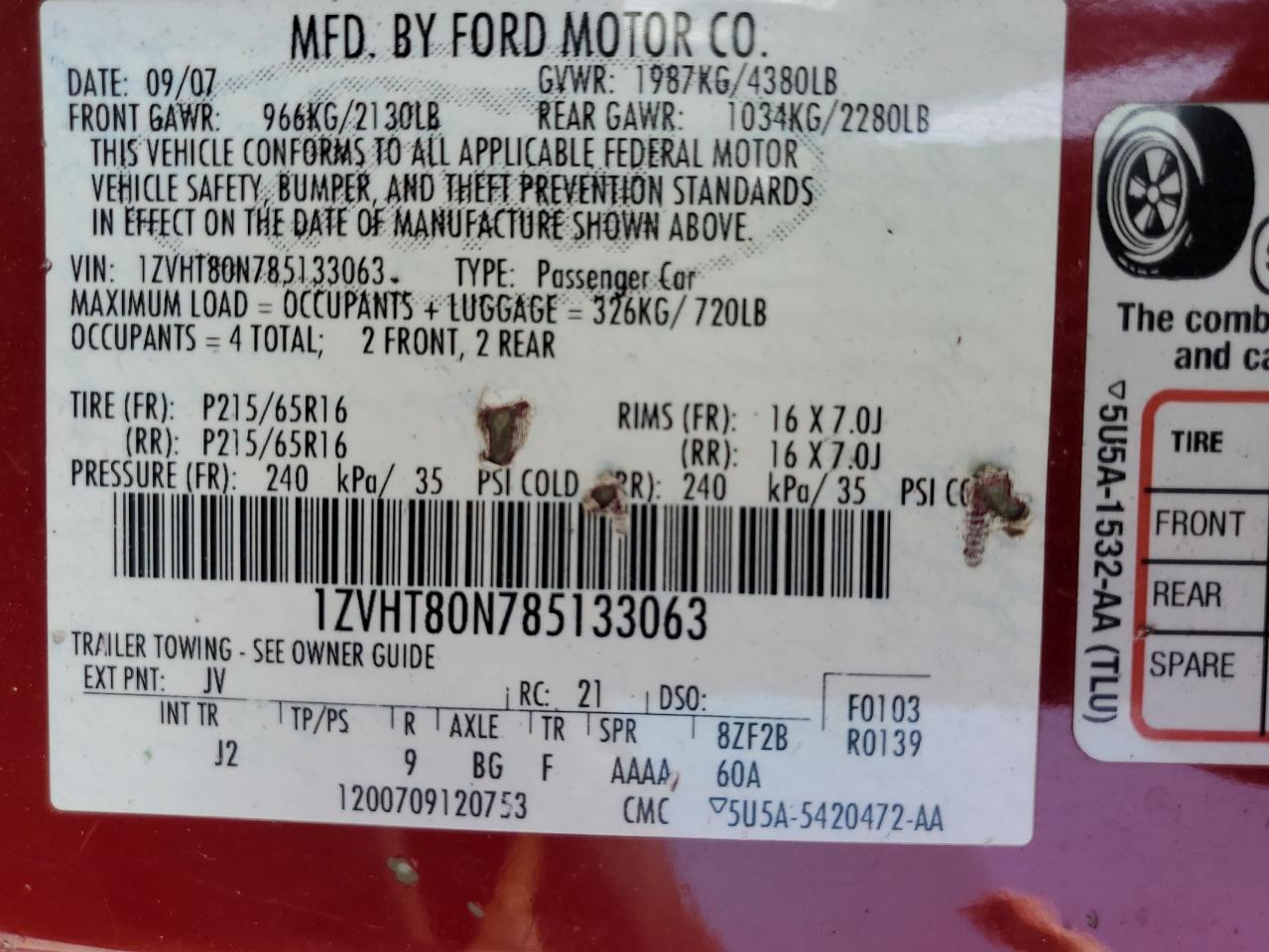 2008 Ford Mustang VIN: 1ZVHT80N785133063 Lot: 63800785