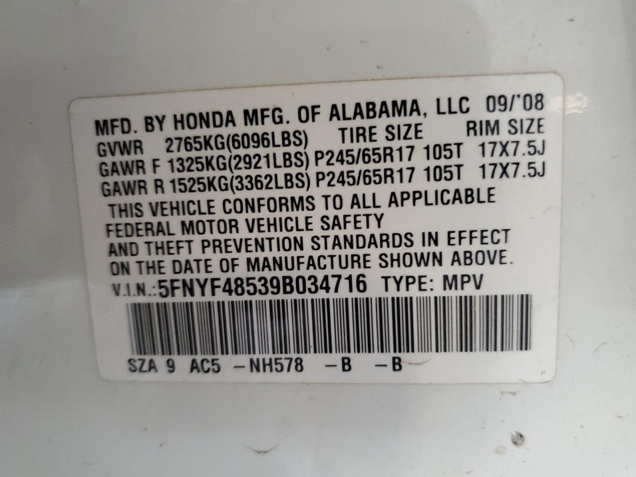 2009 Honda Pilot Exl VIN: 5FNYF48539B034716 Lot: 69485385