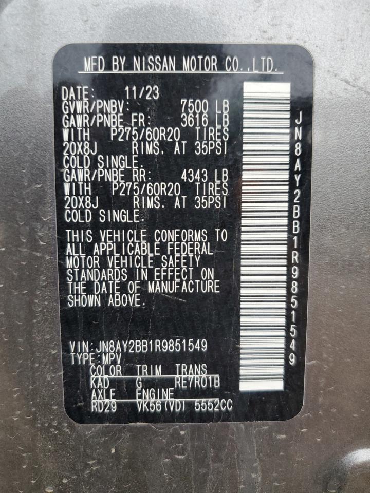 2024 Nissan Armada Sl VIN: JN8AY2BB1R9851549 Lot: 68520465