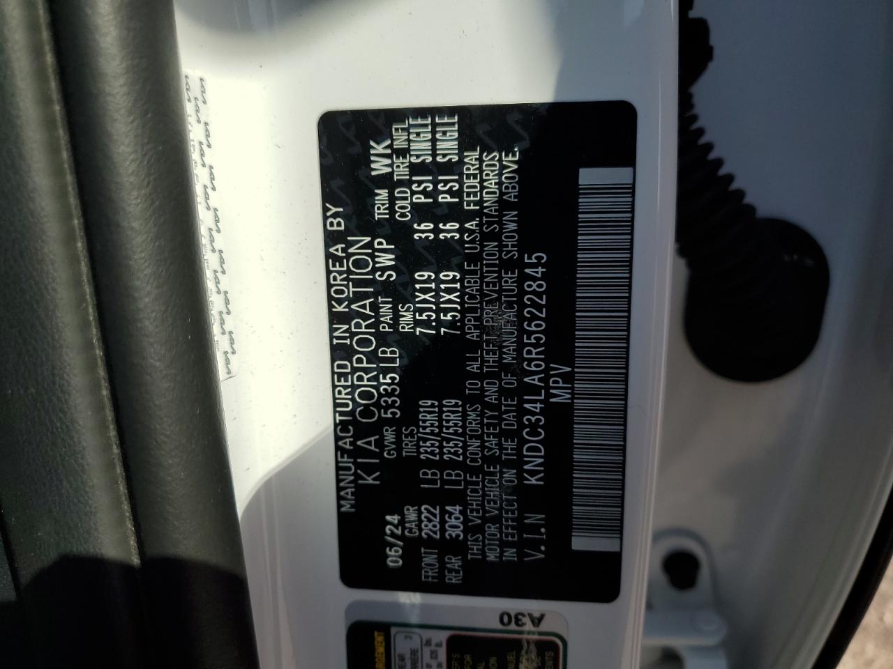 2024 Kia Ev6 Light VIN: KNDC34LA6R5622845 Lot: 68489445
