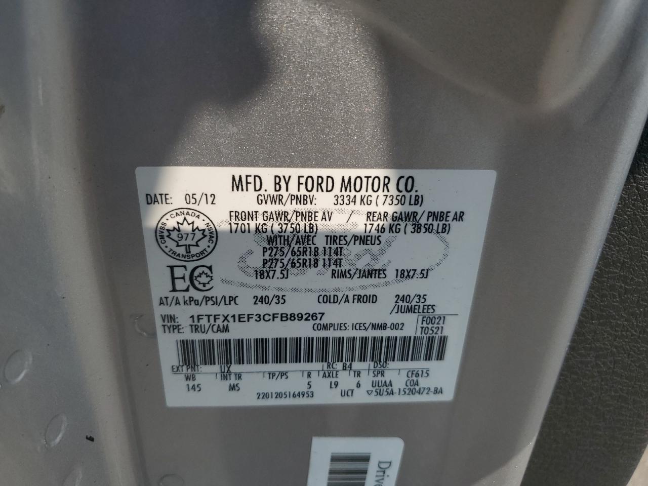 2012 Ford F150 Super Cab VIN: 1FTFX1EF3CFB89267 Lot: 69203925