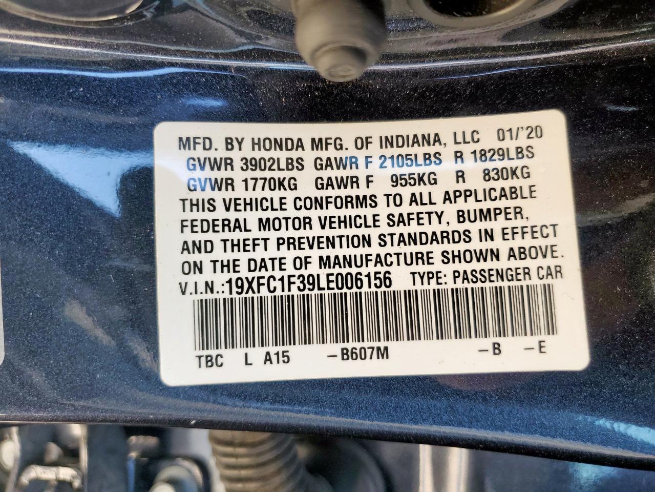 2020 Honda Civic Ex VIN: 19XFC1F39LE006156 Lot: 70299215