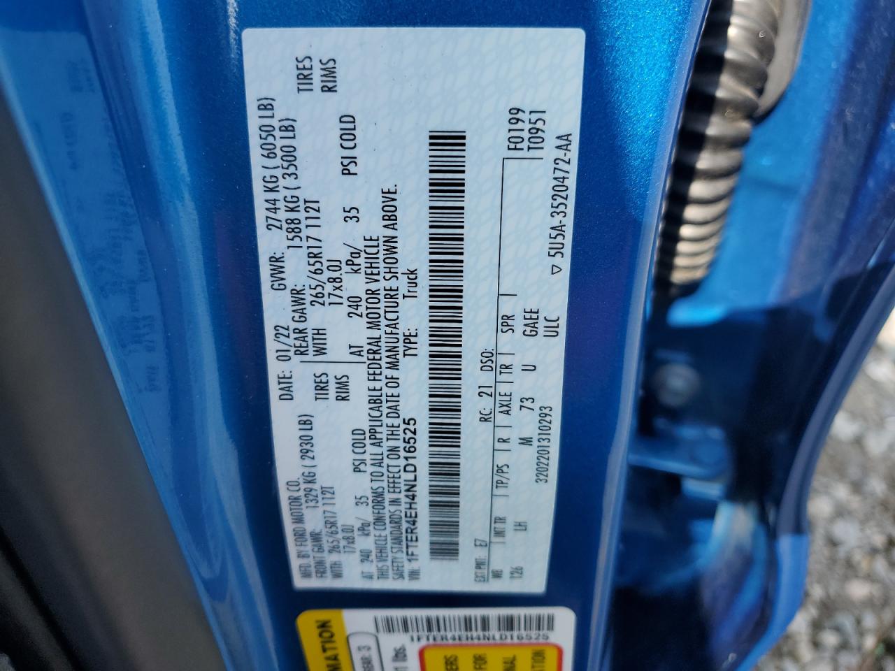 2022 Ford Ranger Xl VIN: 1FTER4EH4NLD16525 Lot: 70129405