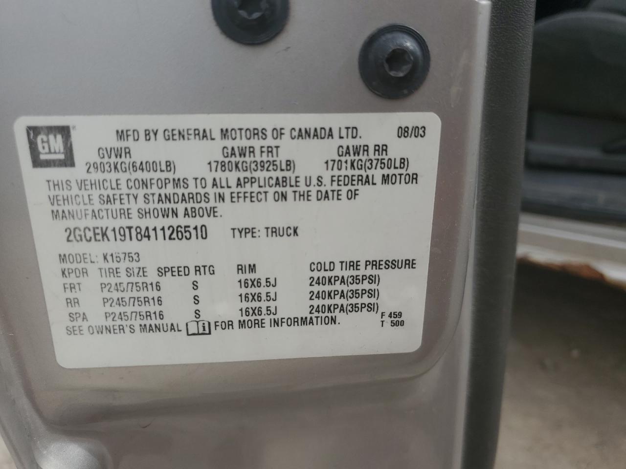 2004 Chevrolet Silverado K1500 VIN: 2GCEK19T841126510 Lot: 71036485