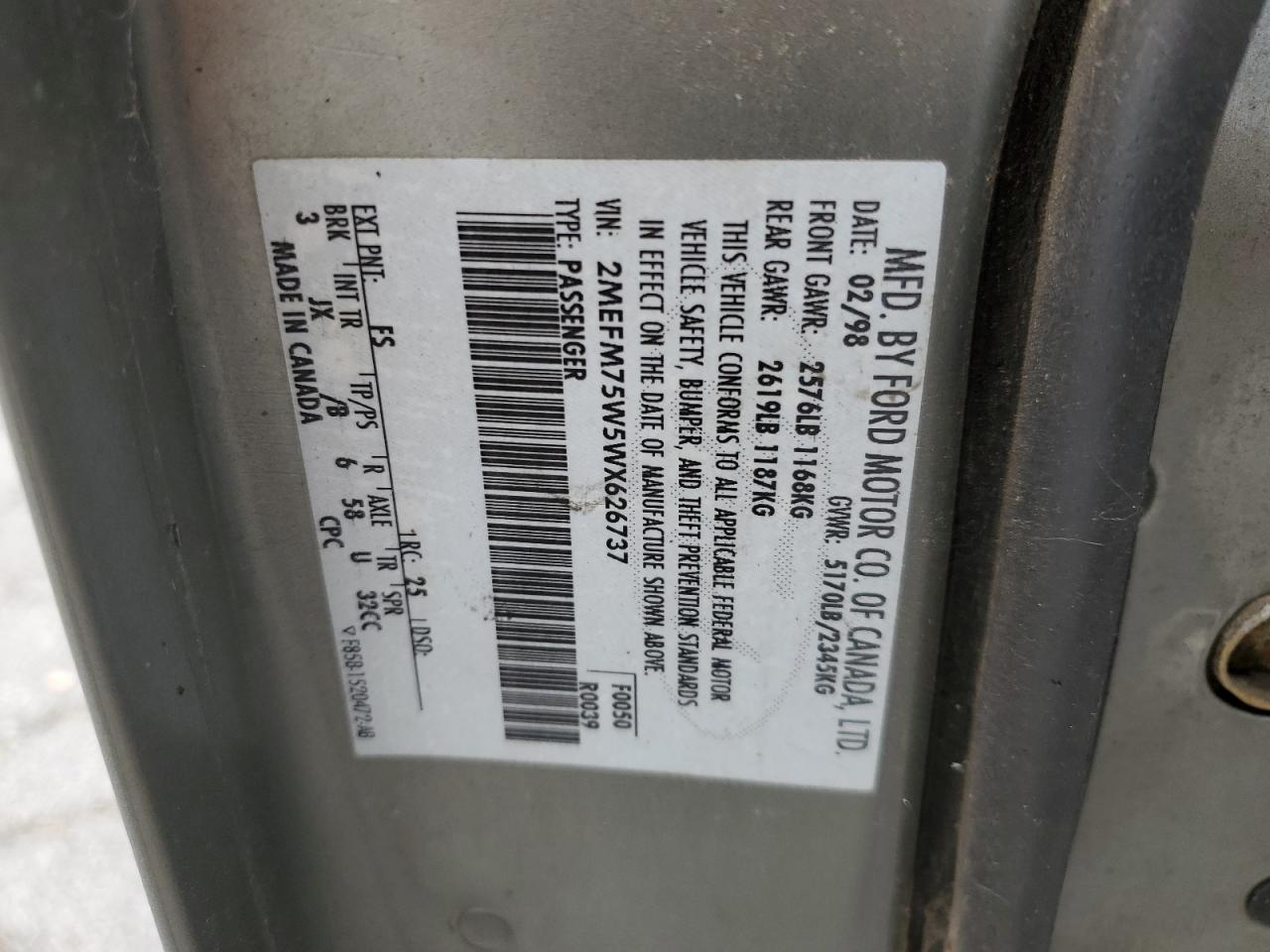 1998 Mercury Grand Marquis Ls VIN: 2MEFM75W5WX626737 Lot: 69958685